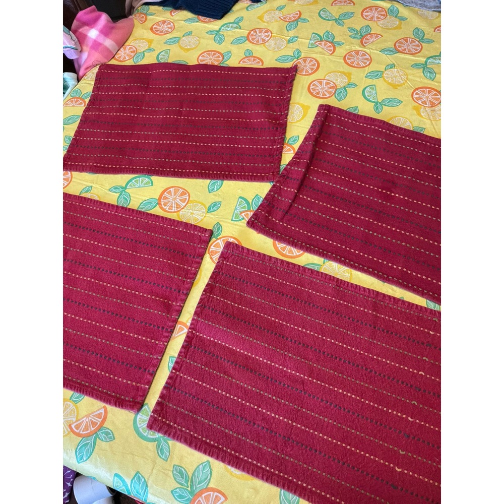 Unbranded Placemats Set of 4 OS Cranberry Red Embroidered Dash Cotton